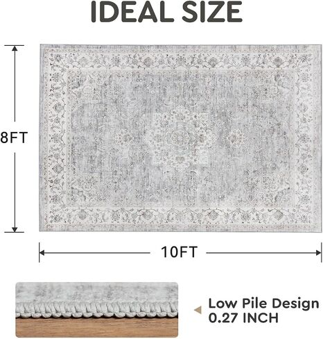 tchdio 8x10 Machine Washable Area Rug for Living Room Rugs for Bedroom 8x10 Area Rugs Washable Rug Carpet Vintage Rug Floral, Washable Kitchen Rugs Non Slip Foldable Area Rug Vintage Rugs, Grey in Saudi Arabia