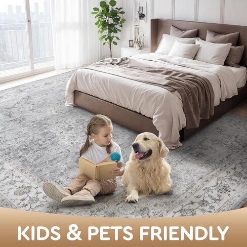 سجادة منطقة قابلة للغسل في الغسالة مقاس 8 × 10 من tchdio لغرفة المعيشة وغرفة النوم مقاس 8 × 10 سجادة قابلة للغسل سجادة عتيقة زهرية، سجاد مطبخ قابل للغسل غير قابل للانزلاق وقابل للطي سجاد عتيق، رمادي in Kuwait