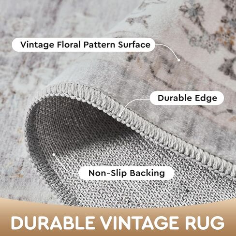 سجادة منطقة قابلة للغسل في الغسالة مقاس 8 × 10 من tchdio لغرفة المعيشة وغرفة النوم مقاس 8 × 10 سجادة قابلة للغسل سجادة عتيقة زهرية، سجاد مطبخ قابل للغسل غير قابل للانزلاق وقابل للطي سجاد عتيق، رمادي in Kuwait
