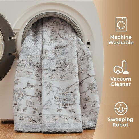 سجادة منطقة قابلة للغسل في الغسالة مقاس 8 × 10 من tchdio لغرفة المعيشة وغرفة النوم مقاس 8 × 10 سجادة قابلة للغسل سجادة عتيقة زهرية، سجاد مطبخ قابل للغسل غير قابل للانزلاق وقابل للطي سجاد عتيق، رمادي in Kuwait