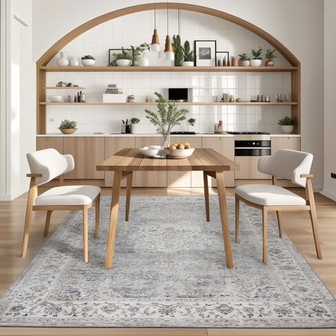 سجادة منطقة قابلة للغسل في الغسالة مقاس 8 × 10 من tchdio لغرفة المعيشة وغرفة النوم مقاس 8 × 10 سجادة قابلة للغسل سجادة عتيقة زهرية، سجاد مطبخ قابل للغسل غير قابل للانزلاق وقابل للطي سجاد عتيق، رمادي in Kuwait