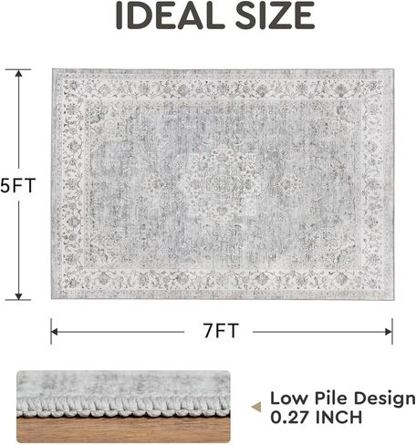 سجادة منطقة قابلة للغسل في الغسالة مقاس 8 × 10 من tchdio لغرفة المعيشة وغرفة النوم مقاس 8 × 10 سجادة قابلة للغسل سجادة عتيقة زهرية، سجاد مطبخ قابل للغسل غير قابل للانزلاق وقابل للطي سجاد عتيق، رمادي in Kuwait