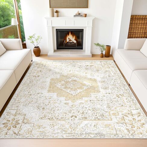 Machine Washable Rug 8'x10' Vintage Distressed Boho Area Rugs Bohemian Medallion Non-Slip Backing Floor Carpet for Living Room Bedroom Dining Room Office Kitchen Home Decor, Beige 8x10ft in Kuwait