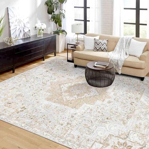 Machine Washable Rug 8'x10' Vintage Distressed Boho Area Rugs Bohemian Medallion Non-Slip Backing Floor Carpet for Living Room Bedroom Dining Room Office Kitchen Home Decor, Beige 8x10ft in Kuwait