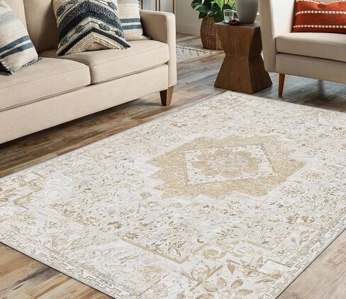 Machine Washable Rug 8'x10' Vintage Distressed Boho Area Rugs Bohemian Medallion Non-Slip Backing Floor Carpet for Living Room Bedroom Dining Room Office Kitchen Home Decor, Beige 8x10ft in Kuwait