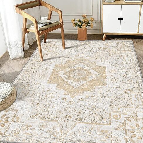 Machine Washable Rug 8'x10' Vintage Distressed Boho Area Rugs Bohemian Medallion Non-Slip Backing Floor Carpet for Living Room Bedroom Dining Room Office Kitchen Home Decor, Beige 8x10ft in Kuwait
