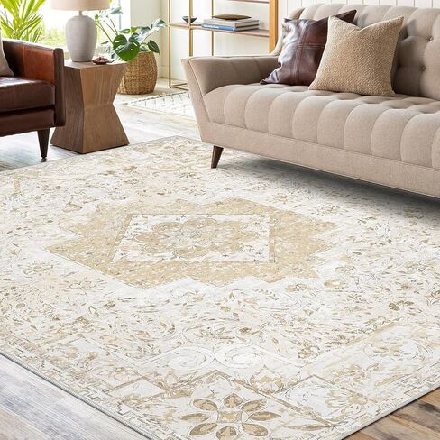 Machine Washable Rug 8'x10' Vintage Distressed Boho Area Rugs Bohemian Medallion Non-Slip Backing Floor Carpet for Living Room Bedroom Dining Room Office Kitchen Home Decor, Beige 8x10ft in Kuwait