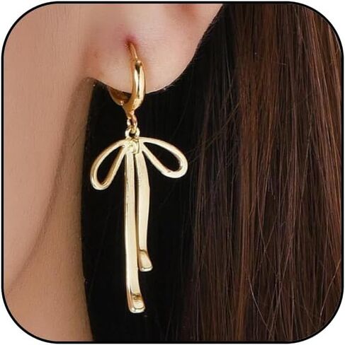 Trendy Bow Earrings for Women Cute 14K Gold Bow Knot Stud Hoop Earrings, Charm Long Drop Dangle Bow Earrings Christmas Hook Huggie Ear Jewelry Gifts in Saudi Arabia