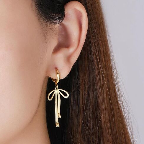 Trendy Bow Earrings for Women Cute 14K Gold Bow Knot Stud Hoop Earrings, Charm Long Drop Dangle Bow Earrings Christmas Hook Huggie Ear Jewelry Gifts in Saudi Arabia