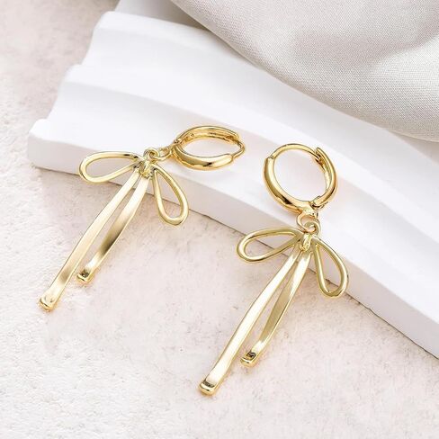 Trendy Bow Earrings for Women Cute 14K Gold Bow Knot Stud Hoop Earrings, Charm Long Drop Dangle Bow Earrings Christmas Hook Huggie Ear Jewelry Gifts in Saudi Arabia
