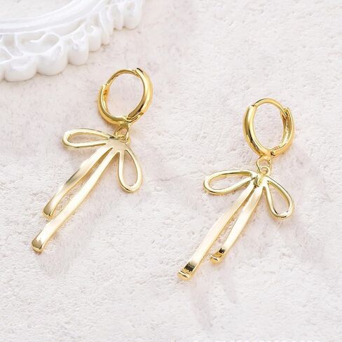 Trendy Bow Earrings for Women Cute 14K Gold Bow Knot Stud Hoop Earrings, Charm Long Drop Dangle Bow Earrings Christmas Hook Huggie Ear Jewelry Gifts in Saudi Arabia