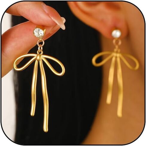 Trendy Bow Earrings for Women Cute 14K Gold Bow Knot Stud Hoop Earrings, Charm Long Drop Dangle Bow Earrings Christmas Hook Huggie Ear Jewelry Gifts in Saudi Arabia