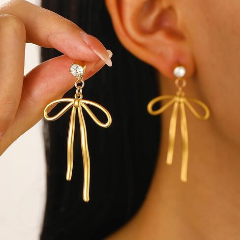 Trendy Bow Earrings for Women Cute 14K Gold Bow Knot Stud Hoop Earrings, Charm Long Drop Dangle Bow Earrings Christmas Hook Huggie Ear Jewelry Gifts in Saudi Arabia
