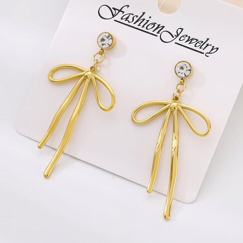 Trendy Bow Earrings for Women Cute 14K Gold Bow Knot Stud Hoop Earrings, Charm Long Drop Dangle Bow Earrings Christmas Hook Huggie Ear Jewelry Gifts in Saudi Arabia