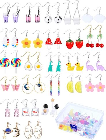 25 Pairs Cute Weird Earrings Funny Dangle Drop Earrings Water Bottle Earrings Milk Tea Dangle Earrings Bear Goldfish Water Bottle Strawberry Mushroom Butterfly Cloud Flowers Dinosaur Egg Earrings in Saudi Arabia