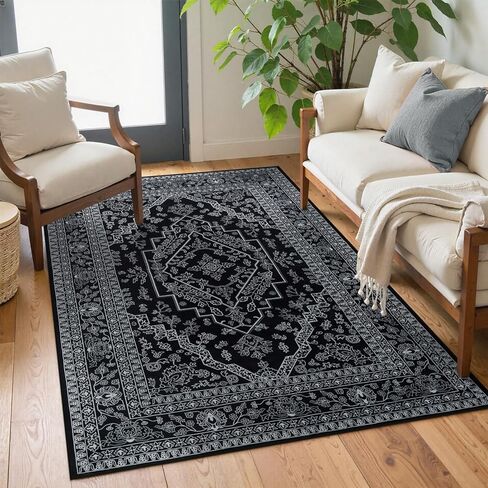 Seavish Black Rug for Living Room 5x7 Oriental Medallion Area Rugs for Bedroom Aesthetic Low Pile Thin Dining Room Rug Soft Neutral Washable Area Rugs Farmhouse Floor Carpet for Entryway Home Office in Saudi Arabia