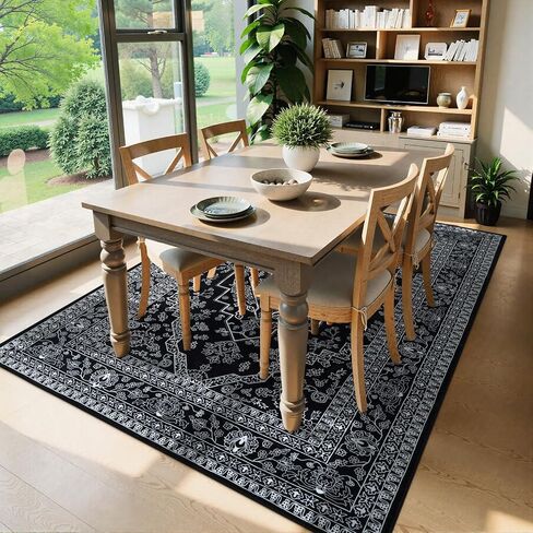 Seavish Black Rug for Living Room 5x7 Oriental Medallion Area Rugs for Bedroom Aesthetic Low Pile Thin Dining Room Rug Soft Neutral Washable Area Rugs Farmhouse Floor Carpet for Entryway Home Office in Saudi Arabia