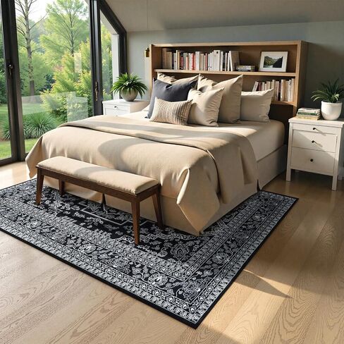 Seavish Black Rug for Living Room 5x7 Oriental Medallion Area Rugs for Bedroom Aesthetic Low Pile Thin Dining Room Rug Soft Neutral Washable Area Rugs Farmhouse Floor Carpet for Entryway Home Office in Saudi Arabia