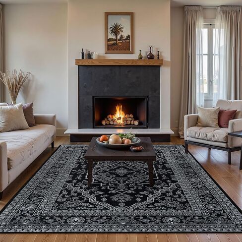 Seavish Black Rug for Living Room 5x7 Oriental Medallion Area Rugs for Bedroom Aesthetic Low Pile Thin Dining Room Rug Soft Neutral Washable Area Rugs Farmhouse Floor Carpet for Entryway Home Office in Saudi Arabia
