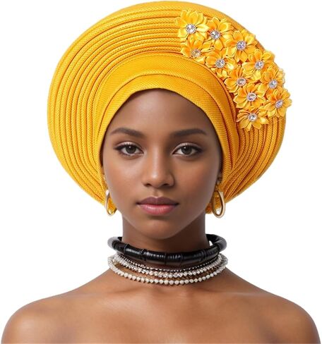 African Turban Cap Nigeria Aoto Gele Head Ties with Flowers for Women Wedding Party Head Wraps in Kuwait