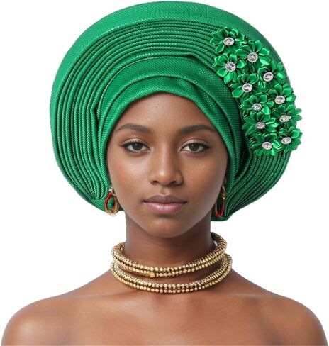 African Turban Cap Nigeria Aoto Gele Head Ties with Flowers for Women Wedding Party Head Wraps in Kuwait