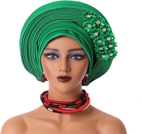 African Turban Cap Nigeria Aoto Gele Head Ties with Flowers for Women Wedding Party Head Wraps in Kuwait