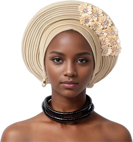 African Turban Cap Nigeria Aoto Gele Head Ties with Flowers for Women Wedding Party Head Wraps in Kuwait
