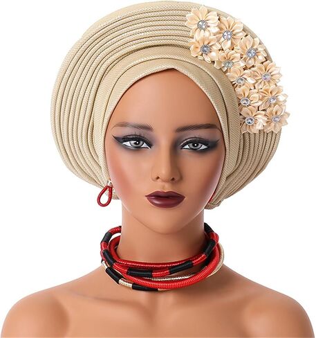 African Turban Cap Nigeria Aoto Gele Head Ties with Flowers for Women Wedding Party Head Wraps in Kuwait