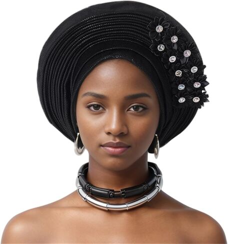 African Turban Cap Nigeria Aoto Gele Head Ties with Flowers for Women Wedding Party Head Wraps in Kuwait