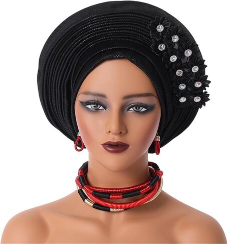 African Turban Cap Nigeria Aoto Gele Head Ties with Flowers for Women Wedding Party Head Wraps in Kuwait