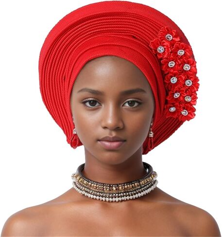 African Turban Cap Nigeria Aoto Gele Head Ties with Flowers for Women Wedding Party Head Wraps in Kuwait