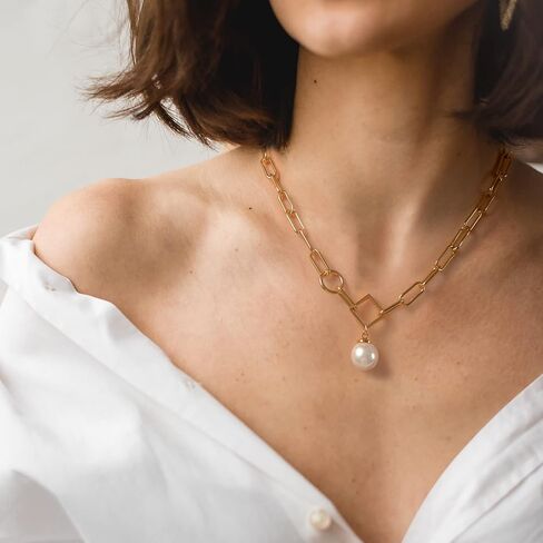 عقد بقلادة لؤلؤة واحدة للنساء من Mesovor، عقد على شكل سلسلة مشبك ورق مطلي بالذهب عيار 16 قيراط in Kuwait