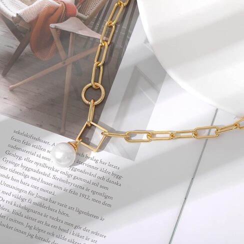 عقد بقلادة لؤلؤة واحدة للنساء من Mesovor، عقد على شكل سلسلة مشبك ورق مطلي بالذهب عيار 16 قيراط in Kuwait