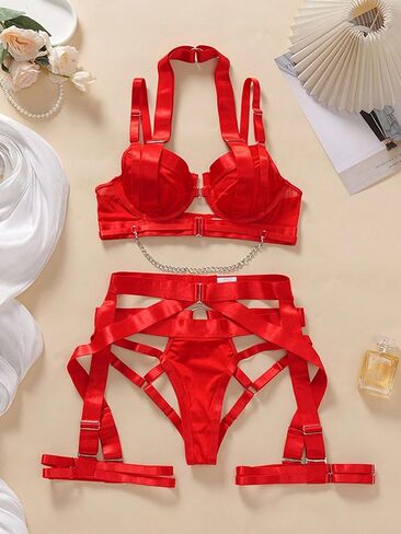 Sexy Naughty Lingerie Set With Underwire Push Up Garter Belt Lingerie Set Bra And Panty 5 Piece Lingerie in Saudi Arabia