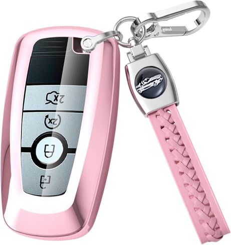 for Ford Key Fob Cover with Leather Keychain, Soft TPU Key Case Compatible with Ford Bronco Escape Expedition Explorer F150 F250 F350 F450 F550 Fusion Maverick Mondeo Ranger Smart Remote(Pink) in Saudi Arabia