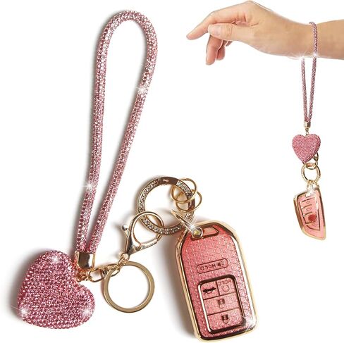 Key Fob Cover with Diamond Heart Keychain Car Key Holder Compatible with 2016-2022 Honda Accord Civic CRV Pilot Ridgeline Passport Remote Key Protector for Women, 5 Buttons (Pink-Wrist Rope) in Saudi Arabia