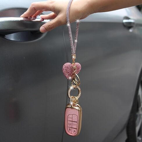 Key Fob Cover with Diamond Heart Keychain Car Key Holder Compatible with 2016-2022 Honda Accord Civic CRV Pilot Ridgeline Passport Remote Key Protector for Women, 5 Buttons (Pink-Wrist Rope) in Saudi Arabia