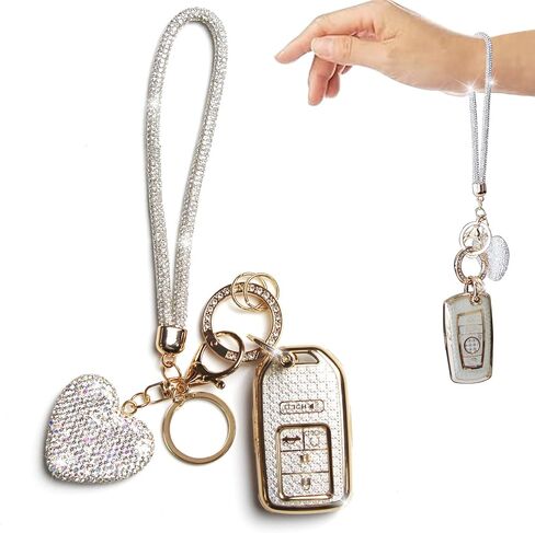 Key Fob Cover with Diamond Heart Keychain Car Key Holder Compatible with 2016-2022 Honda Accord Civic CRV Pilot Ridgeline Passport Remote Key Protector for Women, 5 Buttons (Pink-Wrist Rope) in Saudi Arabia