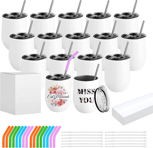 ColorSub Sublimation Straight Wine Tumblers 12oz, 16 Pack Stainless Steel Double Wall Sublimation Blanks Wine Cups with Lids & Straws, Brush, Shrink Wrap, Silicone Straw Tips, Gift Box in Kuwait