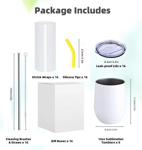ColorSub Sublimation Straight Wine Tumblers 12oz, 16 Pack Stainless Steel Double Wall Sublimation Blanks Wine Cups with Lids & Straws, Brush, Shrink Wrap, Silicone Straw Tips, Gift Box in Kuwait