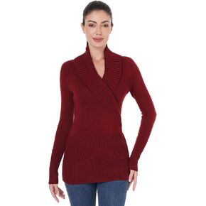 AmélieBoutik Women Shawl Collar V Neck Faux Wrap Ribbed Knit Long Sleeve Tunic Sweater