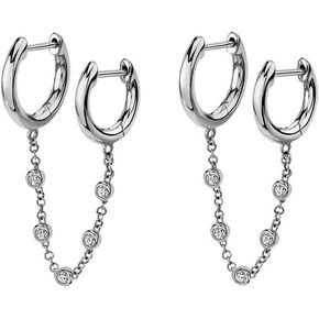 Double Hoops CZ Chain Drop Dangle Cartilage Cuff Small Hoop Earrings for Women Sterling Silver Bead Balls Punk Hypoallergenic Huggie Hoops Climber Crawler Earrings Gifts Daughter 1 Pair