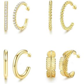 Sllaiss 925 Sterling Silver Chunky Hoop Earrings Set for Women 4 Pairs Small Open Hoop Earrings Lightweight Thick Earrings 14K Gold Wide Twist Hoop Earrings Hypoallergenic Earrings