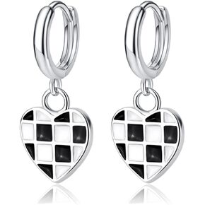 BG&WLing Black White Checkered Love Heart Huggie Hoop Earrings 925 Sterling Silver Small Huggie Hoops Hypoallergenic Dainty Jewelry for Women