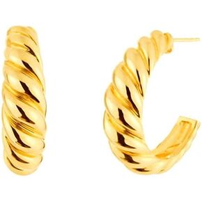 Dainty Croissant Twist Chunky Hoop Earrings for Women 14K Gold Plated Huggie Half Open Hoops 925 Sterling Silver Stud Post Sensitive Ear Fashion Delicate Hypoallergenic Jewelry Gifts for Mom Her Birthday Xmas