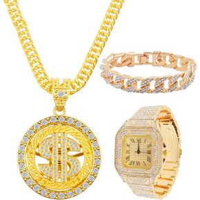Golden Hip Hop Jewelry, 80s 90s Rapper Costume Punk Style Necklace Chain Rotatable Dollar Sign Pendant,Cuban Link Chain Bracelet Watch Hat Tooth Cross for Men Boys
