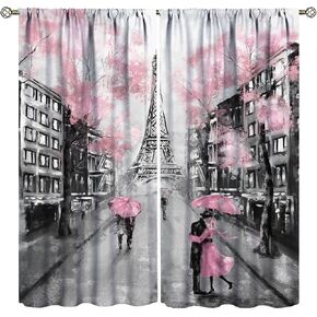 Paris Eiffel Tower Curtains Vintage French Landscape Scenery Romantic Couple Pink Curtain with Rod Pocket for Bedroom Living Room Decor Drapes Window Treatments 2 Panels Set 42x45 Inch