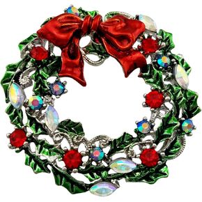 SELOVO Silver Tone Wreath Green Red Austrian Crystal Round Brooch Pin