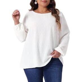 Agnes Orinda Plus Size Tops for Women Crewneck Chiffon Blouses Swiss Dots Long Sleeve Shirts Top