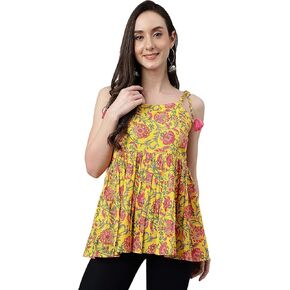 بلوزة بيبلوم مطبوعة بالزهور من القطن الأصفر للسيدات من Janasya Indian in Kuwait